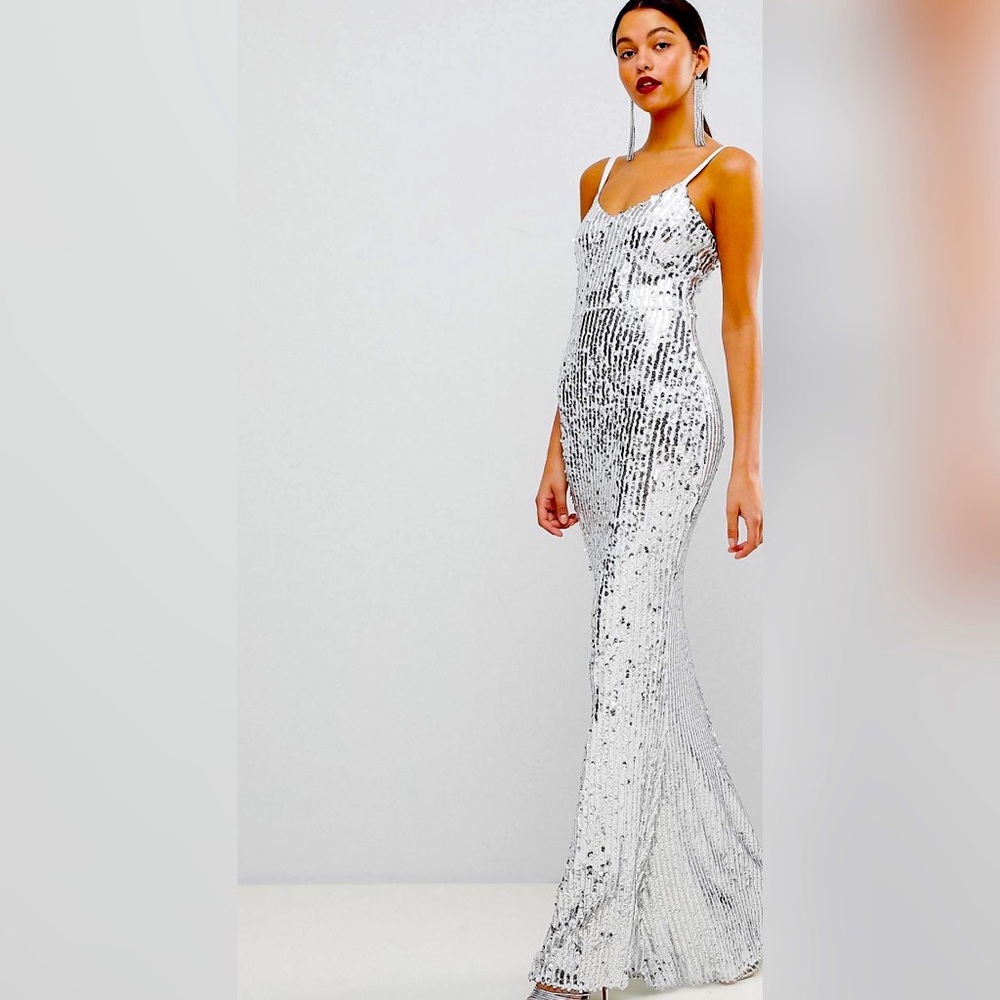 Club L Silver Sequins Strappy Maxi Fishtail Dress